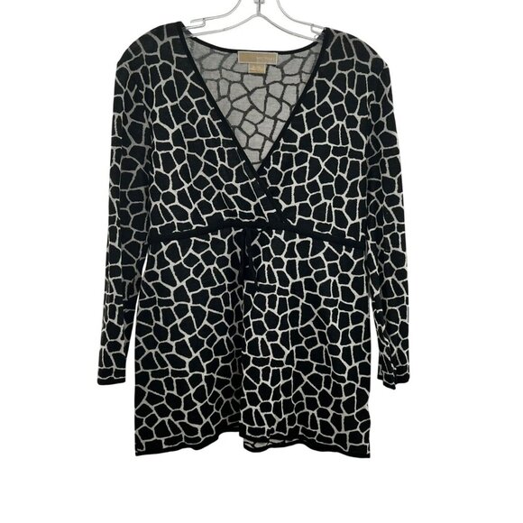 Michael Kors V-Neck Top Black/White Print Long Sleeve Women's Size Large - Picture 1 of 9